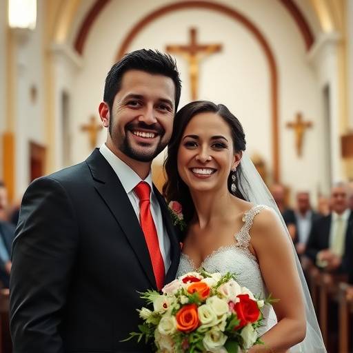 Fotografia de um casal sorrindo durante a cerimônia de casamento, com a Igreja de São Francisco de Assis ao fundo em Belo Horizonte.