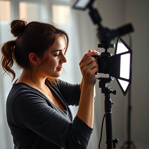 Retrato de Fernanda Souza, assistente de fotografia do Luzes da Serra, ajustando a iluminaäão em um estüdio.
