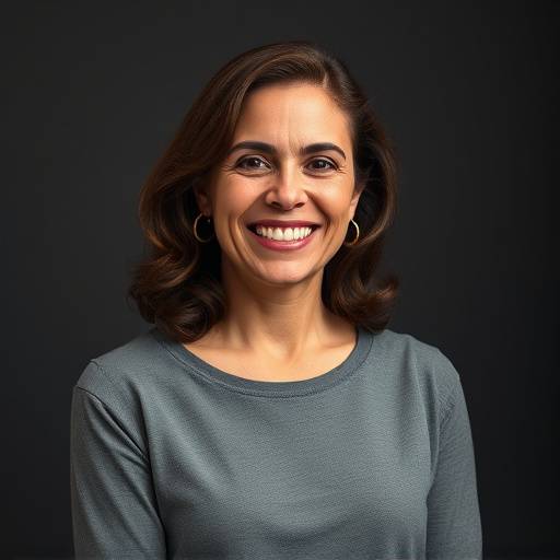 Retrato de Mariana Almeida, co-fundadora do Luzes da Serra, sorrindo em um ambiente de estüdio.