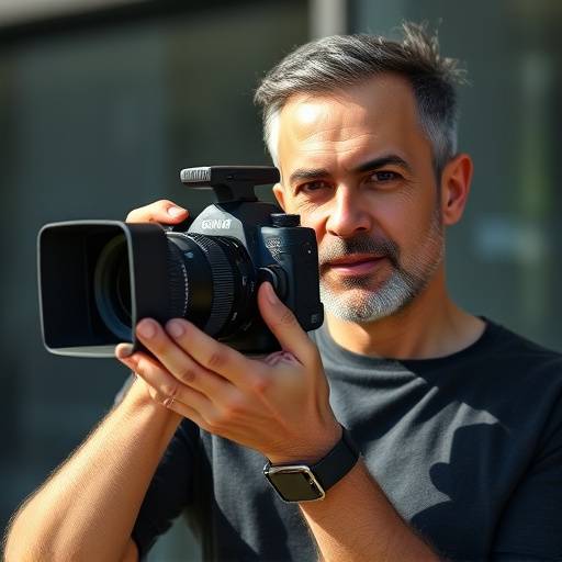 Retrato de Rafael Oliveira, co-fundador do Luzes da Serra, posando com uma câmera profissional.