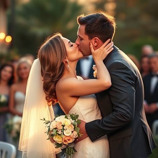 Um casal de noivos se beijando durante a cerimônia de casamento com convidados ao fundo.
