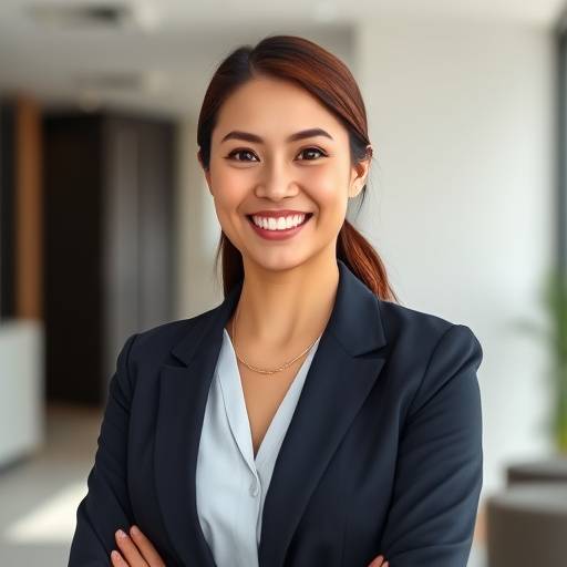 Um retrato profissional de uma mulher sorrindo com confianäa, vestindo um blazer em um ambiente de escritório moderno.