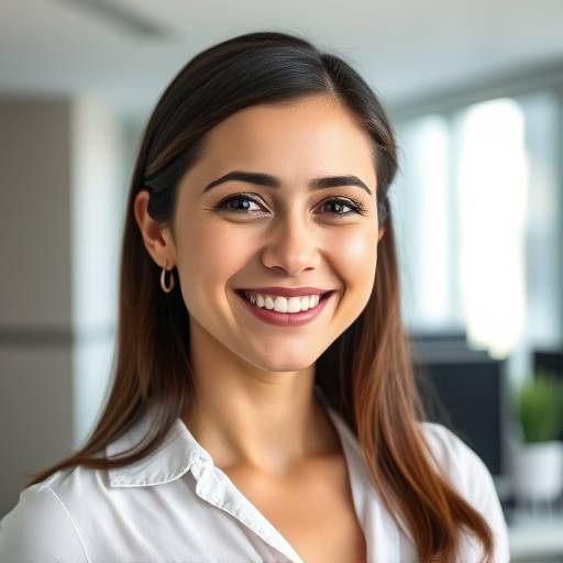 Um retrato profissional de uma mulher sorrindo em um ambiente de escritório.